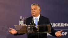 Ungarischer Premierminister Viktor Orban spricht während einer Pressekonferenz nach einem Treffen mit dem serbischen Präsidenten Vucic in Belgrad. Foto: epa/Andrej Cukic