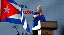 Der kubanische Präsident Miguel Diaz-Canel spricht während einer Veranstaltung zur Unterstützung der Revolution, in Havanna. Foto: epa/Ernesto Mastrascusa