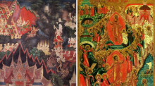Links: Buddhas Abstieg vom Tavatimsa-Himmel und der Blick in die Welt der Toten (Buddhaisawan-Kapelle Bangkok, Ende 18.Jh.). Rechts: Höllenfahrt Christi und Zug der Erlösten (Russische Ikone, 18. Jh.).
