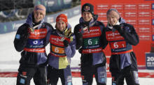 Silver medal winning team of Germany (L-R: Karl Geiger, Markus Eisenbichler, Andreas Wellinger and Severin Freund) in Vikersund. Photo: epa/Terje Bendiksby