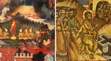 Links: Buddha schlichtet Streit in seiner adeligen Verwandtschaft (Buddhaisawan Kapelle Bangkok, Ende 18. Jahrhundert). Rechts: Christus und die Samaritanerin (rumänische Ikone, 18. Jahrhundert).