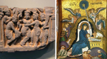 Links: Buddhas Geburt aus der rechten Körperseite seiner Mutter Maya (Pakistan, 13. Jh.n.Chr.). Rechts: Geburt Christi (byzantinisches Mosaik, La-Martorana-Kirche, Palermo, 12. Jh.).