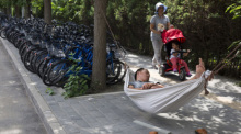 Ein Mann schläft in einer Hängematte neben Fahrrädern einer Fahrrad-Verleihfirma. Viele junge Chinesen haben das Gefühl, alles hinschmeißen zu wollen. Foto: Ng Han Guan/dpa
