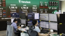 Börsenhändler verfolgen den starken Kurseinbruch des südkoreanischen Aktienindex KOSPI in einem Handelsraum in Seoul. Foto: Jeon Heon-Kyun/epa