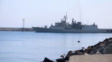 Greek Navy frigates Kimon and Psara deployed at Limassol port. Photo: epa/GEORGE CHRISTOFOROU