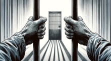 Hände umklammern die Gitterstäbe einer Gefängniszelle: Ein stummes Symbol für verlorene Freiheit. Foto generiert von OpenAI's DALL·E