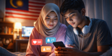 Zwei Jugendliche nutzen gemeinsam ein Smartphone in häuslicher Umgebung – Symbolbild für die Debatte um strengere Alterskontrollen und Jugendschutz in sozialen Medien in Malaysia. Foto: Der Farang (ai)