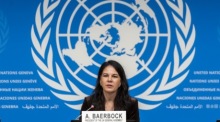 UN-Vollversammlungspräsidentin Annalena Baerbock spricht bei einer Pressekonferenz während der Sitzung des UN-Menschenrechtsrats in Genf. Foto: epa/Salvatore Di Nolfi