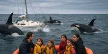 Eine Familie rettet sich vor sinkender Segeljacht in ein Rettungsfloß, während Orcas um das Boot kreisen. Foto: Ki-illustration