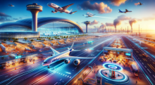 Futuristische Vision des Hamburger Flughafens als Teil des Wasserstoffnetzes von Airbus. Foto generiert von OpenAI's DALL·E