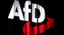 Das Logo der AfD wird beim Bundesparteitag auf einen Vorhang projeziert. Foto: Sina Schuldt/dpa