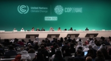 Sultan al-Dschaber (M hinten), Präsident der COP28, nimmt an einer Plenarsitzung des UN-Klimagipfels COP28 teil. Foto: Kamran Jebreili/Ap/dpa