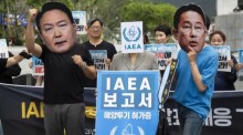 Demonstration gegen den Bericht der IAEA über die Entsorgung von radioaktivem Wasser aus Fukushima durch Japan in Seoul. Foto: epa/Jeon Heon-kyun