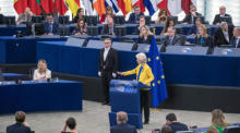EU-Kommissionspräsidentin von der Leyen hält eine Rede während der Debatte zur Lage der Europäischen Union". Foto: epa/Christophe Petit Tesson