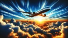 Ein modernes Flugzeug gleitet bei Sonnenuntergang hoch über den Wolken, symbolisiert die Freiheit der Luftfahrt und die Verbindung zwischen Welten. Foto generiert von OpenAI's DALL·E