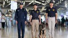 Sicherheitskräfte und ein Spürhund stehen am Flughafen bereit. Thailand verschärft nach einem mutmaßlichen Drogenschmuggelfall die Kontrollen für Crews und Passagiere. Bild: Airports of Thailand (AOT)
