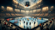Deutsche Handballmannschaft bereitet sich unter Trainer Alfred Gislason auf EM-Auftaktspiel vor. Foto generiert von OpenAI's DALL·E und Fotoquelle: ChatGPT.