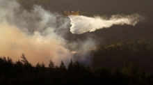 Ein Wasserflugzeug versucht einen Waldbrand in Alcabideche, außerhalb von Lissabon, zu löschen. Foto: Armando Franca/Ap/dpa