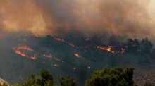 Ein Feuer verbrennt Bäume und niedrige Vegetation in der Gegend von Malona auf Rhodos. Foto: epa/Lefteris Damianidis