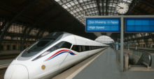 Visualisierung der geplanten Drei-Flughäfen-Hochgeschwindigkeitsbahn im Eastern Economic Corridor Thailands. Bild: KI-Visualisierung
