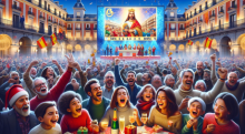 Festliche Stimmung in Madrid am Dreikönigstag mit fröhlichen Menschen, die Weihnachtsgeschenke erhalten, umgeben von Lichtern und spanischen Flaggen. Foto generiert von OpenAI's DALL·E.