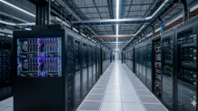 Blick in ein hochmodernes KI-Datenzentrum mit endlosen Reihen leuchtender Server-Racks für die digitale Zukunft. Foto: Der Farang (ai)