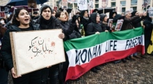 Die Protestierenden halten einen Karton in persischer Sprache. Foto: epa/Clemens Bilan