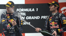Der australische Formel-1-Pilot Mark Webber (R) von Red Bull Racing bespritzt seinen Teamkollegen, den deutschen Formel-1-Piloten Sebastian Vettel (L), nach dem Formel-1-Grand-Prix von Indien mit Champagner. Foto: epa/Franck Robichon