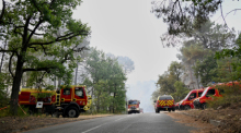 Feuerwehrfahrzeuge stehen während eines Waldbrands nahe Fontainebleau südlich von Paris im Einsatz. Foto: Emma Da Silva/Ap/dpa