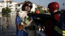 Ein Rettungsteam transportiert in Larisa gestrandete Menschen und ihre Haustiere mit einem Schlauchboot. Foto: epa/Yannis Kolesidis