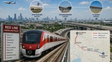 Visualisierung des geplanten Lückenschlusses der Red Line, der künftig eine durchgehende Schienenverbindung zwischen den Flughäfen Don Mueang, Suvarnabhumi und U-Tapao ermöglichen könnte. Illustration: KI-generiert