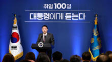 Südkoreas Präsident Yoon feiert seine ersten 100 Tage im Amt. Foto: epa/Chung Sung-jun