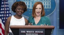 Die Pressesekretärin des Weißen Hauses Jen Psaki kündigt Karine Jean-Pierre als neue Pressesekretärin des Weißen Hauses an. Foto: epa/Michael Reynolds