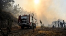 Feuerwehrleute kämpfen am zweiten Tag des Waldbrandes auf der Insel Rhodos mit den Löscharbeiten. Foto: epa/Lefteris Damianidis
