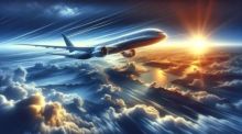 Ein modernes Flugzeug durchquert den goldenen Sonnenuntergang, symbolisiert die Freiheit des Reisens und verbindet entfernte Welten miteinander. Foto generiert von OpenAI's DALL·E