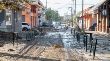 Eine Katze überquert eine mit Schlamm bedeckte Straße in der Hafenstadt Volos in der regionalen Einheit Magnesia. Foto: epa/Hatzipolitis Nicolaos