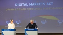 EU-Kommission eröffnet Untersuchungen gegen Alphabet, Apple und Meta wegen Nichteinhaltung der Vorschriften. Foto: epa/Olivier Hoslet
