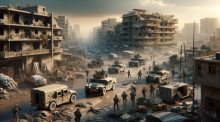 Spannung in einem modernen Konfliktgebiet im Nahen Osten, mit Soldaten und Zivilisten in einer kriegszerstörten Stadtumgebung. Foto generiert von OpenAI's DALL·E.