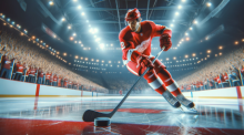 Bildlegende: Dynamische Szene eines Eishockeyspielers der Detroit Red Wings in Aktion auf dem Eis, umgeben von begeisterten Fans. Foto generiert von OpenAI's DALL·E und Fotoquelle: ChatGPT