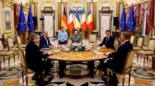 Der italienische Ministerpräsident, die deutsche Bundeskanzlerin und der französische Präsident besuchen die Ukraine. Foto: epa/Ludovic Marin