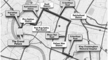 Die Karte zeigt die Route des königlichen Trauerzugs vom King Chulalongkorn Memorial Hospital zum Großen Palast in Bangkok. Foto: The Nation
