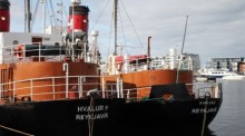 Die Walfangschiffe Hvalur 9 (l) und Hvalur 8 liegen im Hafen. Foto: Steffen Trumpf/dpa
