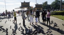 Leute füttern Tauben in einem Park vor dem Königspalast in Phnom Penh. Foto: epa/Mak Remissa