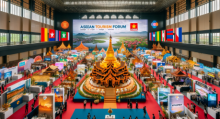 Lebendige Darstellung des Asean Tourismusforums in Laos mit Fokus auf Myanmars Bemühungen, trotz Herausforderungen Touristen anzuziehen. Foto generiert von OpenAI's DALL·E.