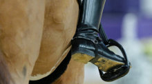 Beim Internationalen Festhallen-Reitturnier in Frankfurt ist der Reitstiefel mit Spore im Steigbügel zu sehen. Foto: dpa/Uwe Anspach