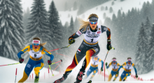 Katharina Hennig im packenden Wettbewerb beim Tour de Ski in Val di Fiemme, umgeben von schwedischem Spitzenduo im dichten Schneefall. Foto generiert von OpenAI's DALL·E.