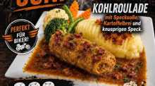 Die Kohlroulade mit Specksoße, Kartoffelbrei und knusprigem Speck ist das Juni-Spezial im The Bikers Café in Sattahip. Bild: The Bikers Café Thailan