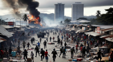 Hier ist Ihre Bildlegende: "Chaos in Port Moresby, Papua-Neuguinea: Militärpatrouillen in den Straßen nach gewaltsamen Unruhen und Plünderungen. Die Stadt steht unter Hochspannung." Foto generiert von OpenAI's DALL·E und Fotoquelle: ChatGPT