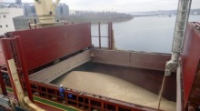 Der Schüttgutfrachter VALSAMITIS wird im Schwarzmeerhafen Chornomorsk bei Odesa mit Weizen beladen. Archivfoto: epa/IGOR TKACHENKO