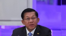 Myanmars Militärchef Min Aung Hlaing spricht bei einer internationalen Veranstaltung zur Atomenergie. Foto: epa/Evgenia Novozhenina